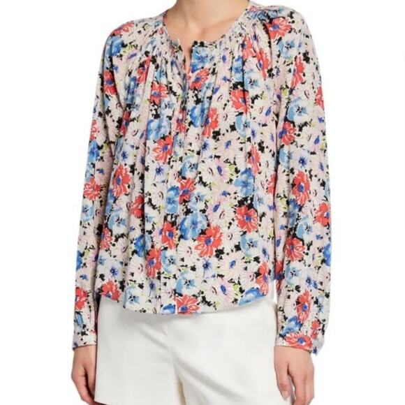 Veronica Beard Madge Silk Floral Top‎ Size 10 Long Sleeve Popover Boho Chic
